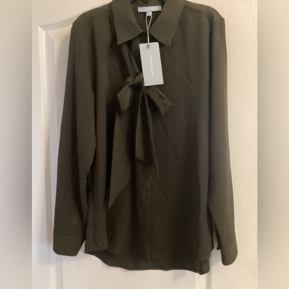 NWT Antonio Melani Olive Green Detachable Bow Tie Long Sleeve Button Blouse - Picture 2 of 6